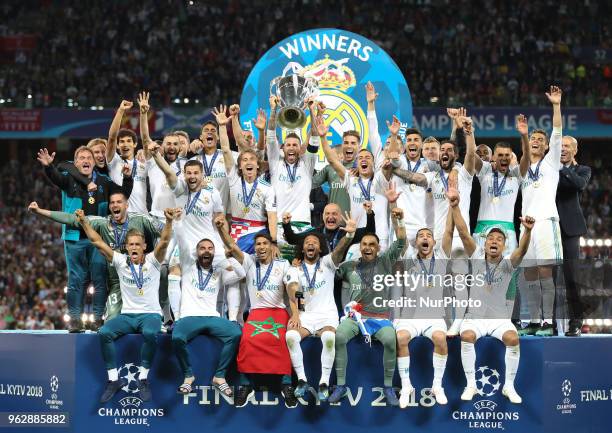 Real Madrid players celebrate after they won UEFA Champions League Final match against Liverpool FC at NSC Olipiyskyi stadium in Kyiv, Ukraine, May...