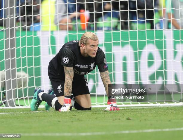 Goalkeeper Loris Karius of Liverpool FC reacts during the UEFA Champions League final between Real Madrid and Liverpool on May 26, 2018 at NSC...