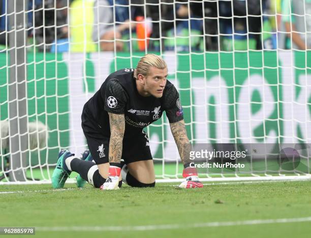 Goalkeeper Loris Karius of Liverpool FC reacts during the UEFA Champions League final between Real Madrid and Liverpool on May 26, 2018 at NSC...