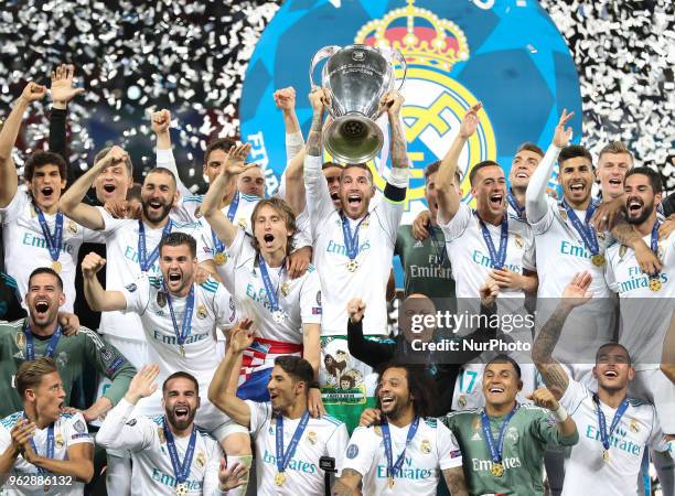 Sergio Ramos of Real Madrid lifts the trophy during the UEFA Champions League final between Real Madrid and Liverpool on May 26, 2018 in Kiev,...