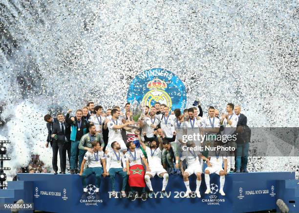 Real Madrid players celebrate after they won UEFA Champions League Final match against Liverpool FC at NSC Olipiyskyi stadium in Kyiv, Ukraine, May...