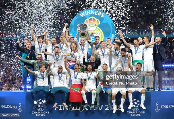 Real Madrid players celebrate after they won UEFA Champions League Final match against Liverpool FC at NSC Olipiyskyi stadium in Kyiv, Ukraine, May...