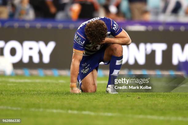 Adam Elliott of the Bulldogs looks dejected after defeat during the round 12 NRL match between the Wests Tigers and the Canterbury Bulldogs at ANZ...