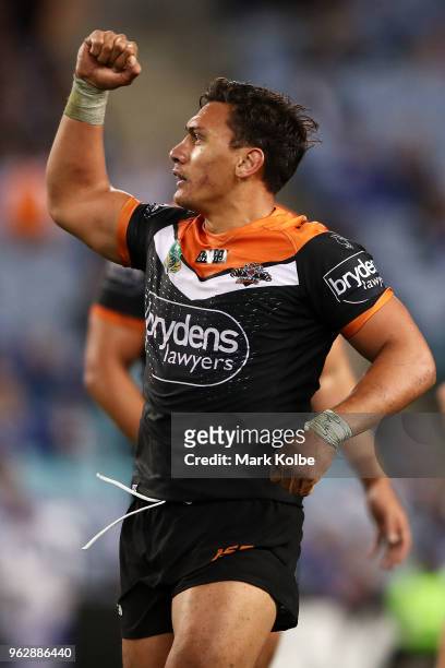Elijah Taylor of the Tigers celebrates victory during the round 12 NRL match between the Wests Tigers and the Canterbury Bulldogs at ANZ Stadium on...
