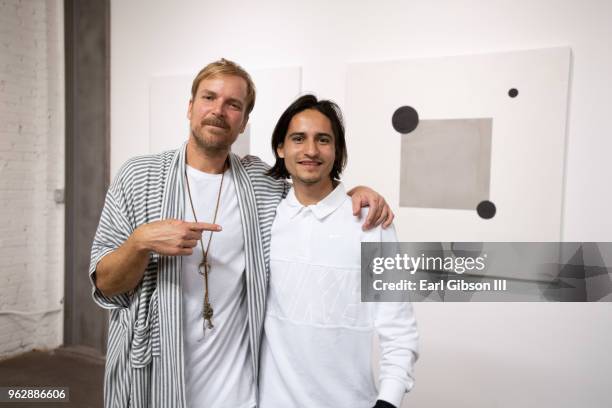 Artist Chad Muska and Artist/Skateboarder Oscar Meza attend the Opening of Chad Muska's MONOLITHIC at WERKARTZ on May 26, 2018 in Los Angeles,...