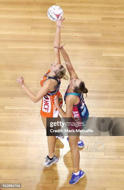 Jo Harten of the Giants catches the ball during the round five Super Netball match between the Giants and the Vixens at Quay Centre on May 27, 2018...