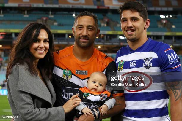 Zoe Marshall, Benji Marshall, Fox Marshall and Jeremy Marshall-King pose after the round 12 NRL match between the Wests Tigers and the Canterbury...