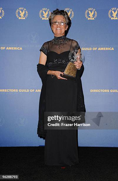 Maria Jimenez Henley, winner of the Franklin Schaffner Award, poses in the press room during the 62nd Annual Directors Guild Of America Awards held...