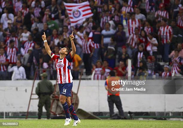 Javier Hernandez of Chivas de Guadalajara celebrates after scoring a goal against Estudiantes Tecos in a Mexican championship 2010 Bicentenario match...