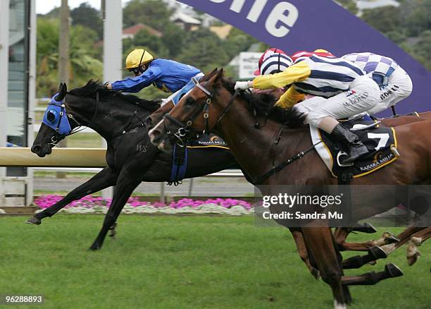 Sam Spratt riding Joey Massino wins the the New Zealand Bloodstock Insurance Karaka 3 year old Mile during the Karaka Million at Ellerslie Racecource...