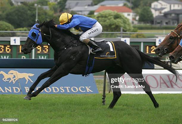 Sam Spratt riding Joey Massino wins the New Zealand Bloodstock Insurance Karaka 3 year old Mile during the Karaka Million at Ellerslie Racecource on...