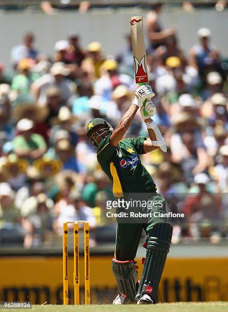 Shoaib Malik of Pakistan bats during the fifth One Day International match between Australia and Pakistan at WACA on January 31, 2010 in Perth,...