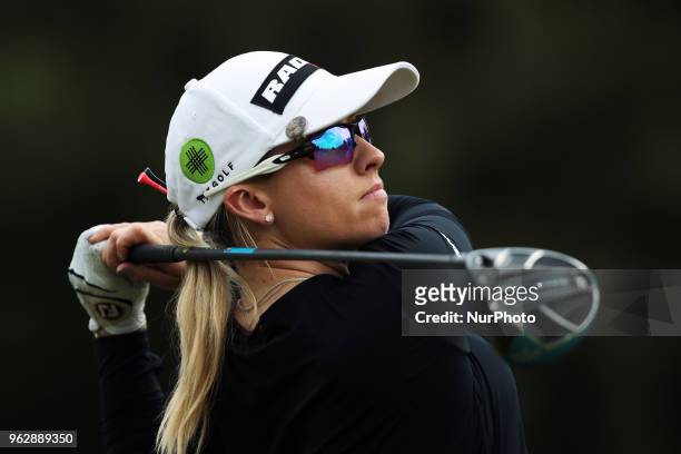 Jodi Ewart Shadoff of England tees off on the first tee during the third round of the LPGA Volvik Championship at Travis Pointe Country Club, Ann...
