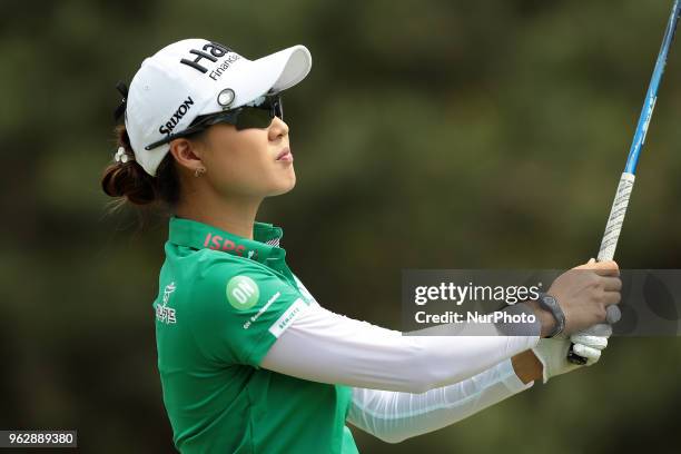 Minjee Lee of Australia tees off on the first tee during the third round of the LPGA Volvik Championship at Travis Pointe Country Club, Ann Arbor,...