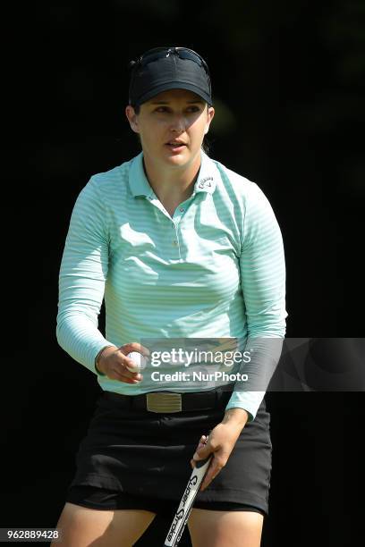 Lindy Duncan of Plantation, FL reacts to her birdie on the 6th green during the third round of the LPGA Volvik Championship at Travis Pointe Country...