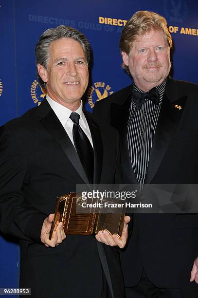 Cleve Landsberg , winner of the Frank Capra Award, poses in the press room with director Donald Petrie during the 62nd Annual Directors Guild Of...