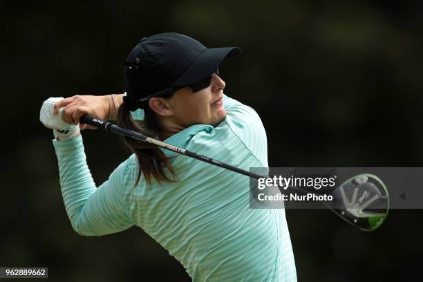 Lindy Duncan of Plantation, FL tees off on the first tee during the third round of the LPGA Volvik Championship at Travis Pointe Country Club, Ann...