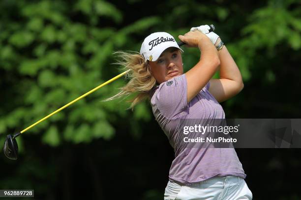 Bronte Law of Stockport, England follows her shot from the 5th tee during the third round of the LPGA Volvik Championship at Travis Pointe Country...