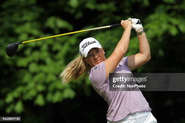 Bronte Law of Stockport, England follows her shot from the 5th tee during the third round of the LPGA Volvik Championship at Travis Pointe Country...