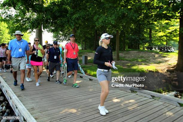 Jodi Ewart Shadoff of England crosses the footbridge on her way to the 7th hole during the third round of the LPGA Volvik Championship at Travis...