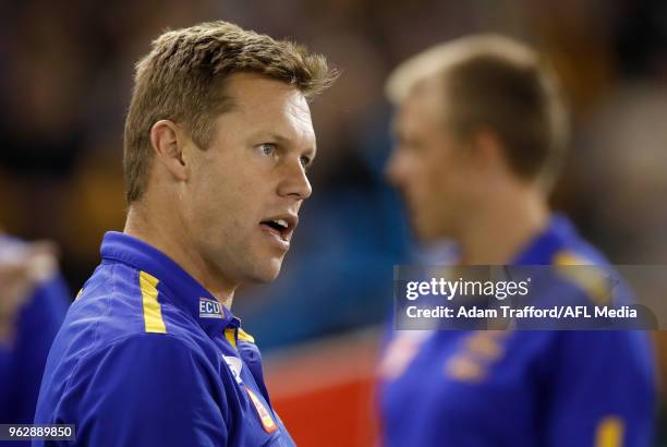 Sam Mitchell, Assistant Coach of the Eagles addresses his players in his first game coaching against his former team Hawthorn during the 2018 AFL...