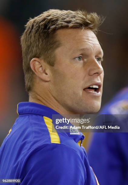 Sam Mitchell, Assistant Coach of the Eagles addresses his players in his first game coaching against his former team Hawthorn during the 2018 AFL...