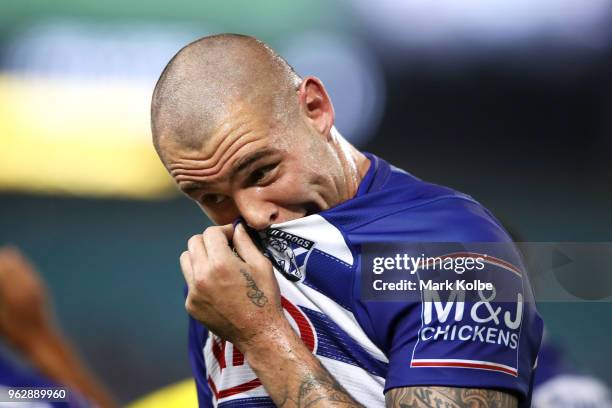 David Klemmer of the Bulldogs looks dejected after a Tigers try during the round 12 NRL match between the Wests Tigers and the Canterbury Bulldogs at...