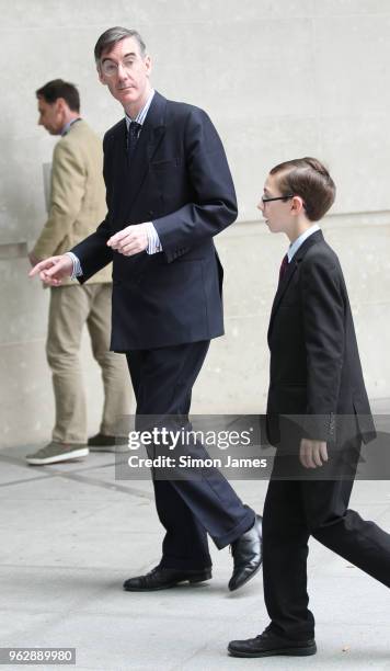 Jacob Rees-Mogg and son Peter Rees-Mogg seen arriving to the BBC Studios on May 27, 2018 in London, England.