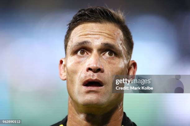 Referee Henry Perenara looks on during the round 12 NRL match between the Wests Tigers and the Canterbury Bulldogs at ANZ Stadium on May 27, 2018 in...