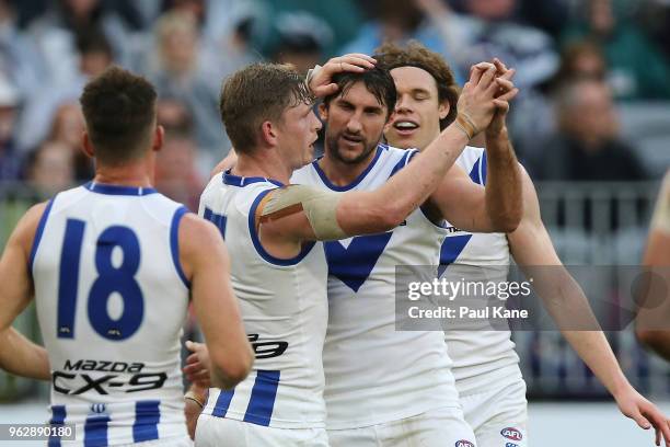 Jarrad Waite of the Kangaroos celebrates a goal during the round 10 AFL match between the Fremantle Dockers and the North Melbourne Kangaroos at...