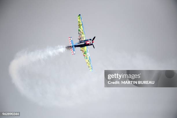 Czech pilot Petr Kopfstein competes during the Red Bull Air Race World Championship in Chiba on May 27, 2018.