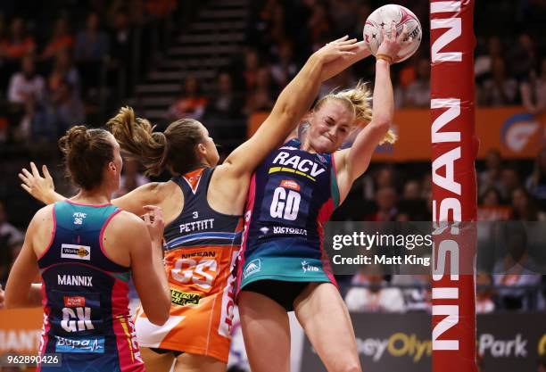 Jo Weston of the Vixens rebounds during the round five Super Netball match between the Giants and the Vixens at Quay Centre on May 27, 2018 in...