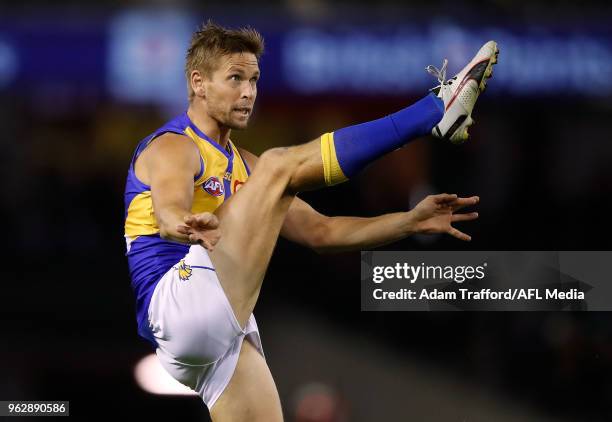 Mark LeCras of the Eagles kicks the ball during the 2018 AFL round 10 match between the Hawthorn Hawks and the West Coast Eagles at Etihad Stadium on...