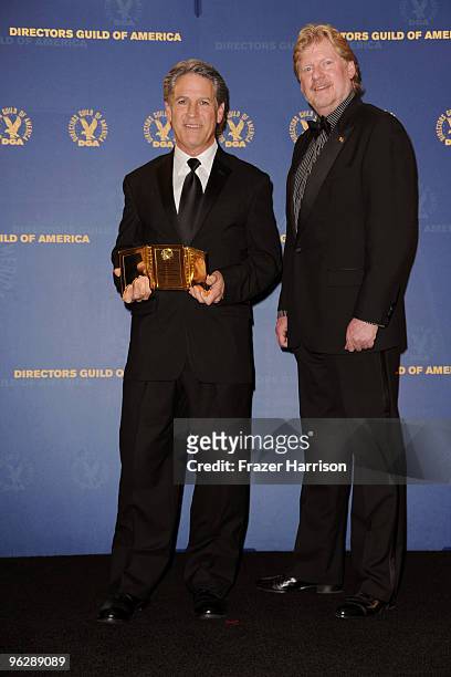 Cleve Landsberg , winner of the Frank Capra Award, poses in the press room with director Donald Petrie during the 62nd Annual Directors Guild Of...