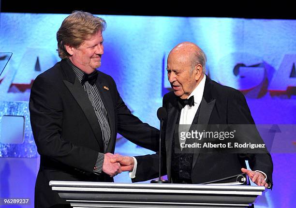 Director Donald Petrie and host Carl Reiner speak onstage during the 62nd Annual Directors Guild Of America Awards at the Hyatt Regency Century Plaza...