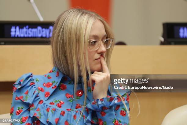 Actress Dakota Fanning appearing pensive during World Autism Awareness Day Meetings at the UN Headquarters in New York City, New York, April 5, 2018.