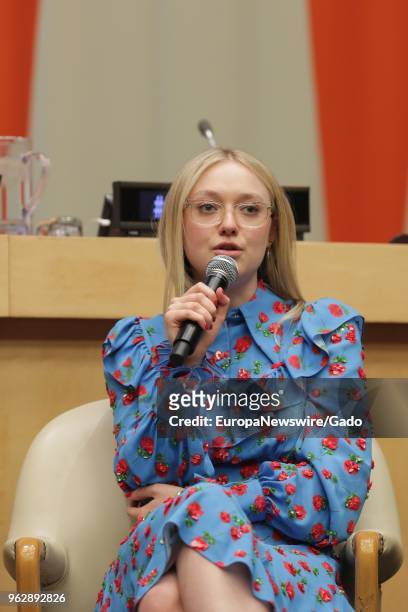Three quarter length portrait of Actress Dakota Fanning speaking during World Autism Awareness Day Meetings at the UN Headquarters in New York City,...