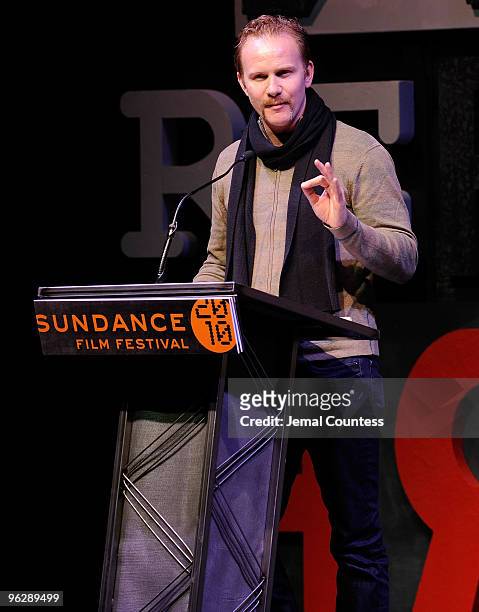 Presenter Morgan Spurlock speaks onstage at the Awards Night Ceremony during the 2010 Sundance Film Festival at Racquet Club on January 30, 2010 in...