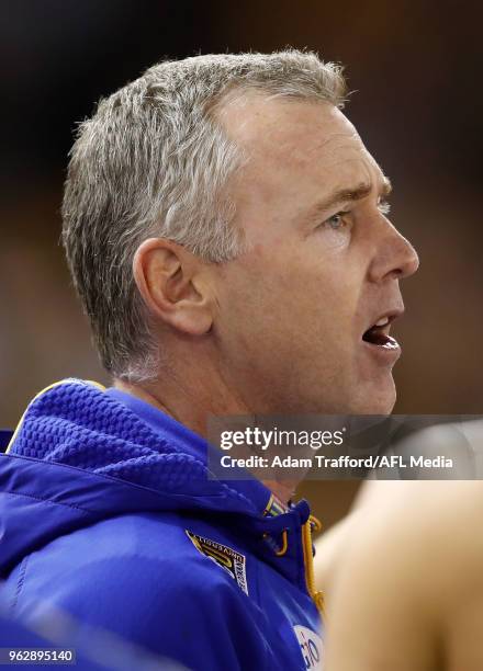 Adam Simpson, Senior Coach of the Eagles addresses his players during the 2018 AFL round 10 match between the Hawthorn Hawks and the West Coast...