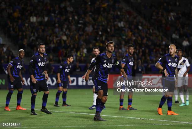 Captain Chris Wondolowski of San Jose Earthquakes and his teammates get in position to defend a corner kick during the second half of the MLS match...