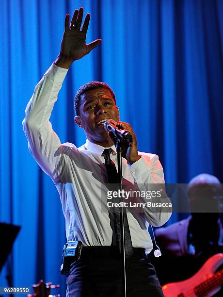 Singer Maxwell performs onstage during the 52nd Annual GRAMMY Awards - Salute To Icons Honoring Doug Morris held at The Beverly Hilton Hotel on...