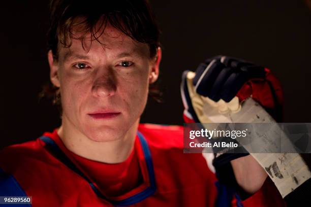 Alexander Semin of the Washington Capitals poses with his Team Russia Olympic Jersey on January 30, 2010 in Arlington, Virginia.