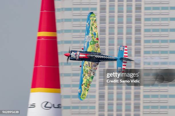Petr Kopfstein of Czech Republic competes during the finals at the third round of the Red Bull Air Race World Championship on May 27, 2018 in Chiba,...