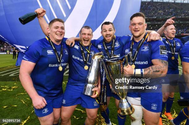 Dublin , Ireland - 26 May 2018; Leinster players, from left, Tadhg Furlong, Jack McGrath, Cian Healy and Andrew Porter following their victory in the...