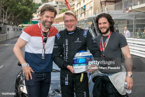 Nikolaj Coster-Waldau, Mika Hakkinen and Kit Harington are seen during the Monaco Formula One Grand Prix at Circuit de Monaco on May 27, 2018 in...