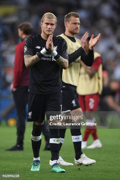 Loris Karius of Liverpool breaks down in tears in front of Simon Mignolet after defeat in the UEFA Champions League final between Real Madrid and...