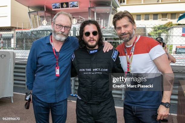 Actors Liam Cunningham, Kit Harington and Nikolaj Coster-Waldau are seen during the Monaco Formula One Grand Prix at Circuit de Monaco on May 27,...