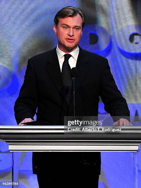 Director Christopher Nolan presents the Honorary Life Membership to Robert Iger onstage during the 62nd Annual Directors Guild Of America Awards at...