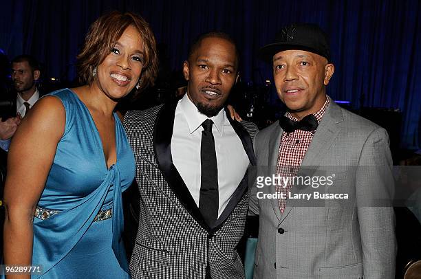 Gayle King, singer Jamie Foxx and producer Russell Simmons during the 52nd Annual GRAMMY Awards - Salute To Icons Honoring Doug Morris held at The...
