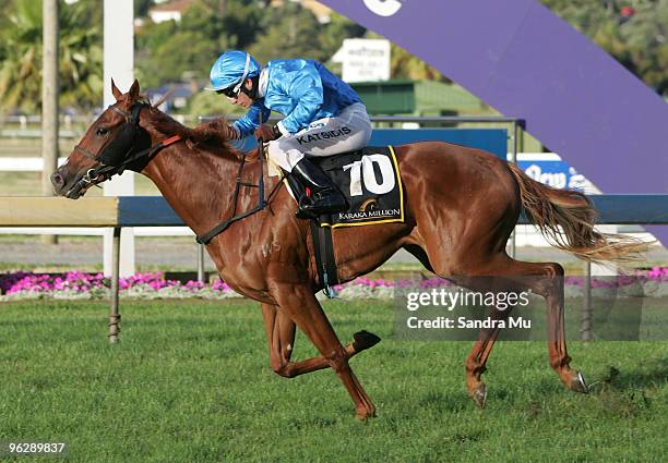 Stathi Katsidis riding Sister Havana wins the Karaka Million during the Karaka Million at Ellerslie Racecourse on January 31, 2010 in Auckland, New...